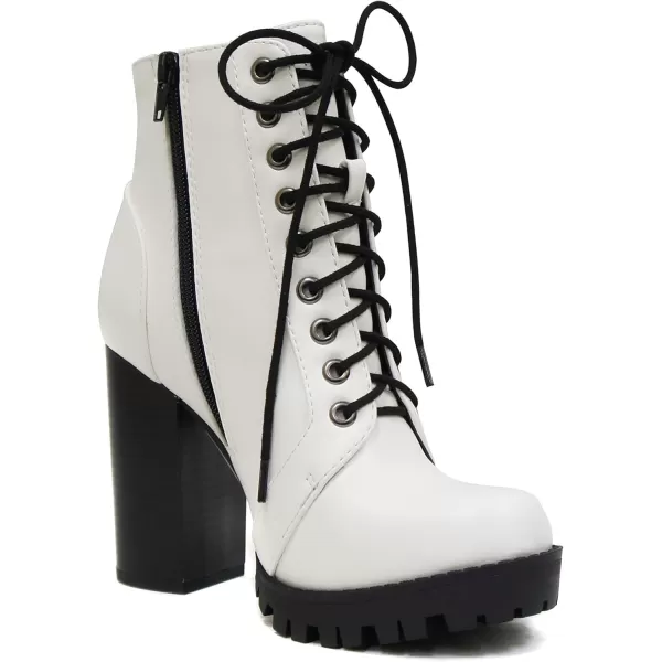 Soda Chalet  Fashion Lace up Military Inspired Ankle Boot with Stacked Heel and Side ZipperWhite