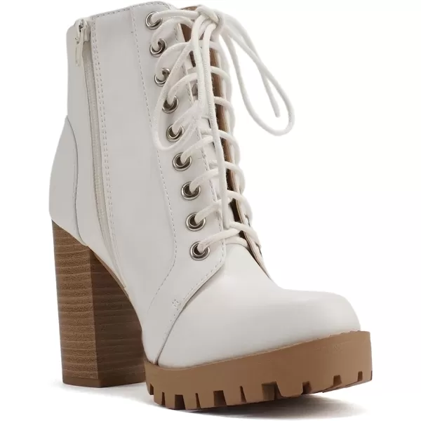 Soda Chalet  Fashion Lace up Military Inspired Ankle Boot with Stacked Heel and Side ZipperWhiteNude Pu