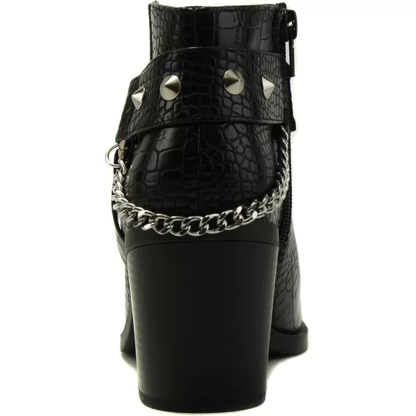 Soda ECOMM  Women Pointed Toe Stacked Block Heels Boot WGleaming Chain On Studded Ankle Harness Back Strap wFunctional ZipperBlack Croco Pu