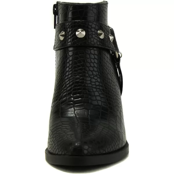 Soda ECOMM  Women Pointed Toe Stacked Block Heels Boot WGleaming Chain On Studded Ankle Harness Back Strap wFunctional ZipperBlack Croco Pu