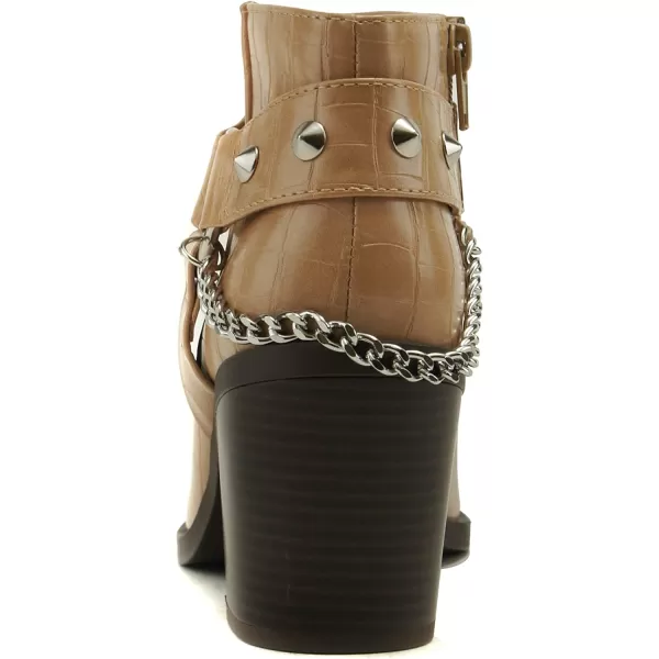 Soda ECOMM  Women Pointed Toe Stacked Block Heels Boot WGleaming Chain On Studded Ankle Harness Back Strap wFunctional ZipperBlond Croco Pu