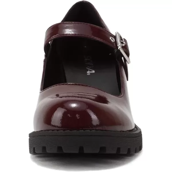 Soda Eviana  Women Mary Jane Round Toe Mid Chunky Block Heel Lug Sole Pump with Adjustable StrapBurgundy Patent