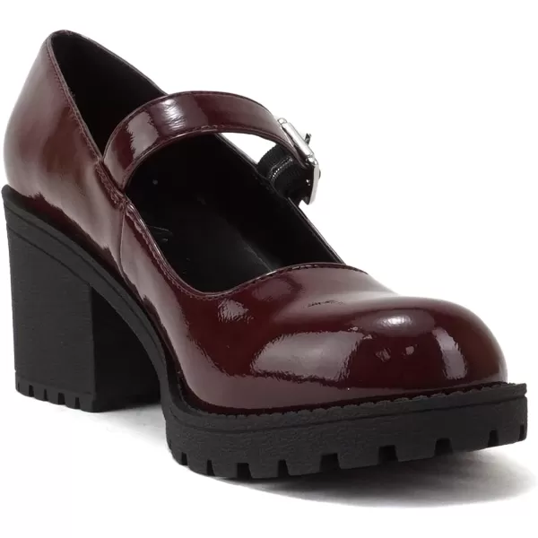 Soda Eviana  Women Mary Jane Round Toe Mid Chunky Block Heel Lug Sole Pump with Adjustable StrapBurgundy Patent