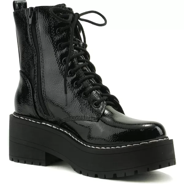 Soda FLING Women Chunky Lug Sole Lace up Fashion Combat Ankle Boot wSide ZipperBlack Patent