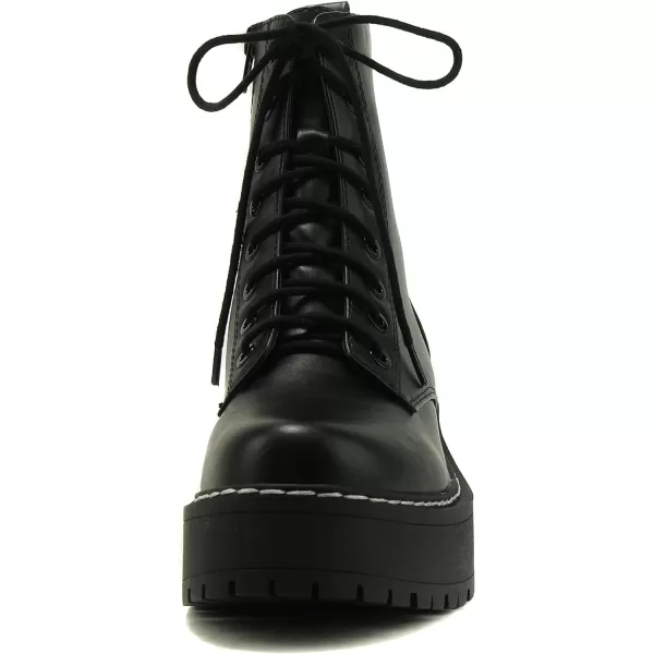 Soda FLING Women Chunky Lug Sole Lace up Fashion Combat Ankle Boot wSide ZipperBlack Pu