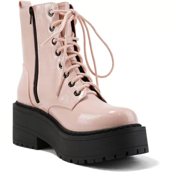 Soda FLING Women Chunky Lug Sole Lace up Fashion Combat Ankle Boot wSide ZipperBlush Crk Patent