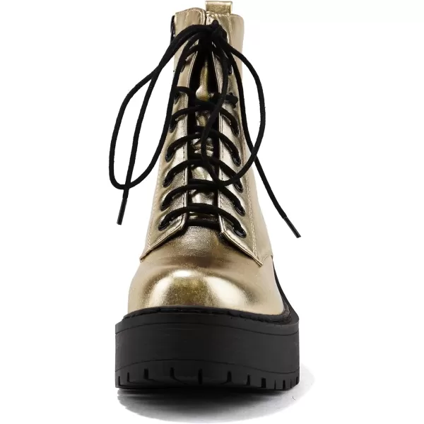 Soda FLING Women Chunky Lug Sole Lace up Fashion Combat Ankle Boot wSide ZipperGold Metallic Pu