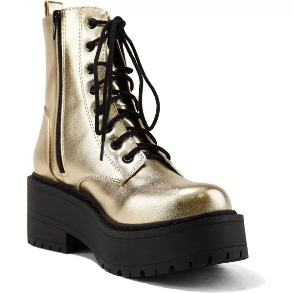 Soda FLING Women Chunky Lug Sole Lace up Fashion Combat Ankle Boot wSide ZipperGold Metallic Pu