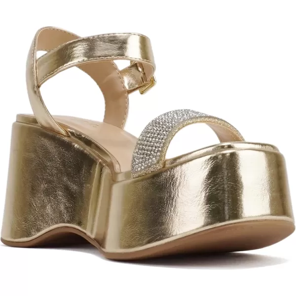 Soda FRAYA  Women Open Square Toe Platform Flatform Rhinestone Single Band Ankle Strap Wedge SandalGold Metallic Pu