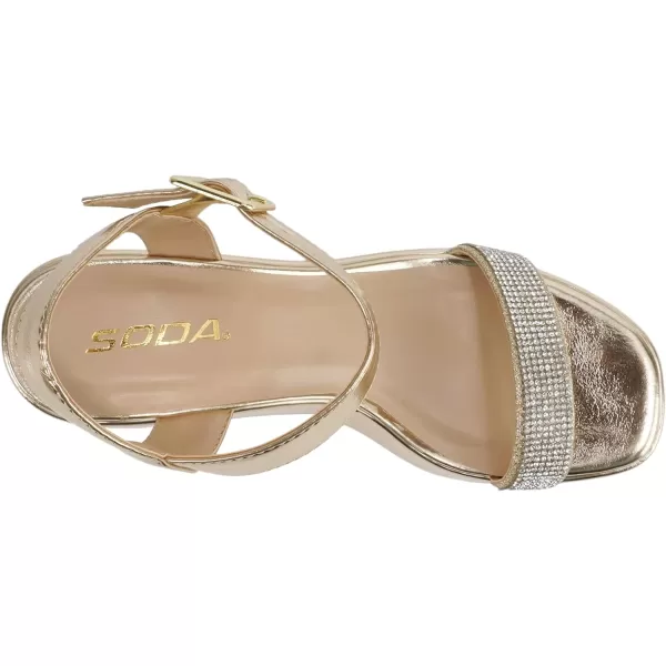 Soda FRAYA  Women Open Square Toe Platform Flatform Rhinestone Single Band Ankle Strap Wedge SandalGold Metallic Pu