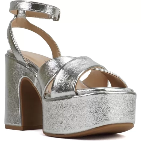 Soda FUNKIE  Women Open Square Toe Crisscross Band Ankle Strap Chunky High Heel Notch Wedge SandalSilver Metallic