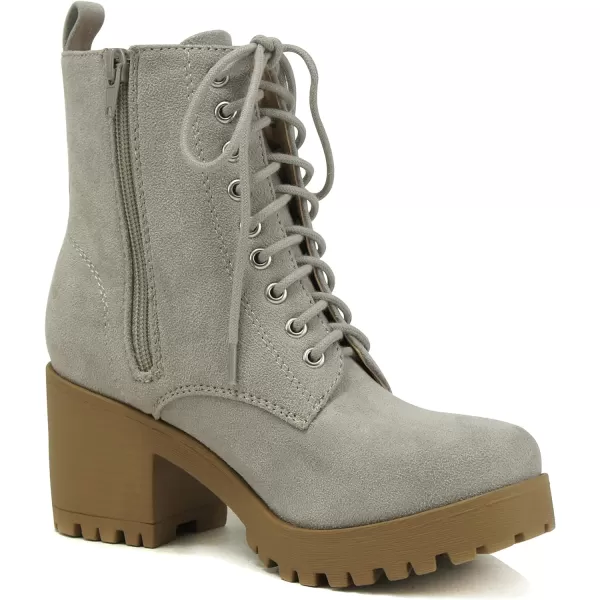 Soda FUZZY  Women Chunky Lug Sole Lace up Fashion Combat Ankle Boot wSide ZipperLgrey Imit Suede