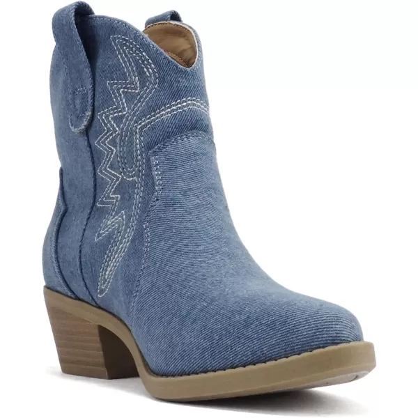 Soda GESSO  Women Pointed Toe Stitch SlipOn Low Stack Heel Ankle Western BootDenim Blue