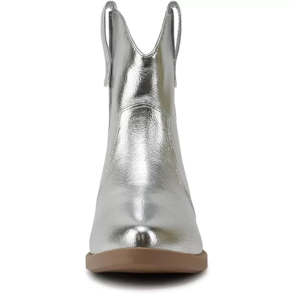 Soda JORIAH  Women Western Stitched Pointed Toe Low Block Heel Ankle BootSilver Metallic Pu