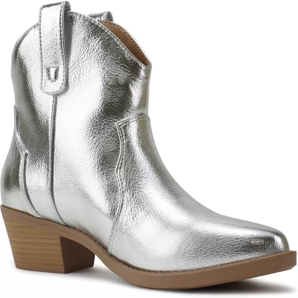 Soda JORIAH  Women Western Stitched Pointed Toe Low Block Heel Ankle BootSilver Metallic Pu