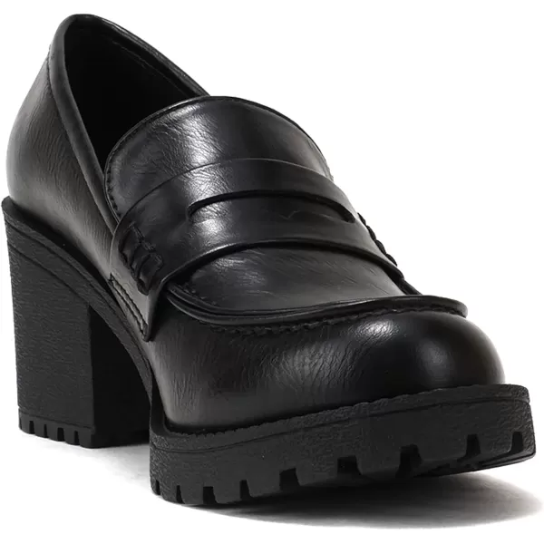 Soda Kinder  Women Slip On Chunky Mid Heel Lug Sole Penny Loafer ShoeBlack Pu