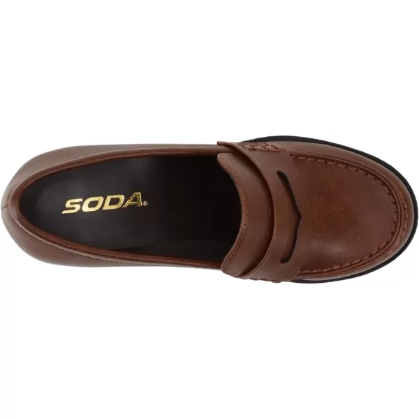 Soda Kinder  Women Slip On Chunky Mid Heel Lug Sole Penny Loafer ShoeCognac Pu