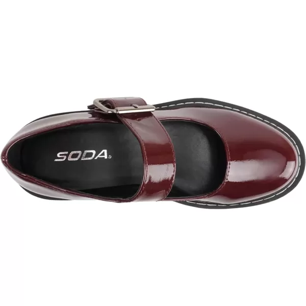 Soda LOAF  Women Round Toe Lug Sole Low Platform Heel Mary Jane Pump Shoe with Adjustable Ankle StrapBurgundy Patent