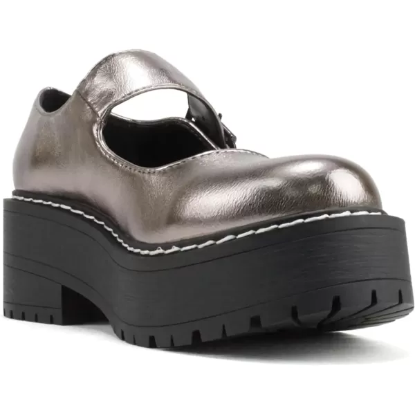 Soda LOAF  Women Round Toe Lug Sole Low Platform Heel Mary Jane Pump Shoe with Adjustable Ankle StrapGunmetal Metallic Pu