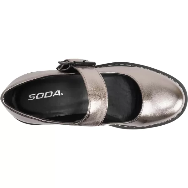 Soda LOAF  Women Round Toe Lug Sole Low Platform Heel Mary Jane Pump Shoe with Adjustable Ankle StrapGunmetal Metallic Pu