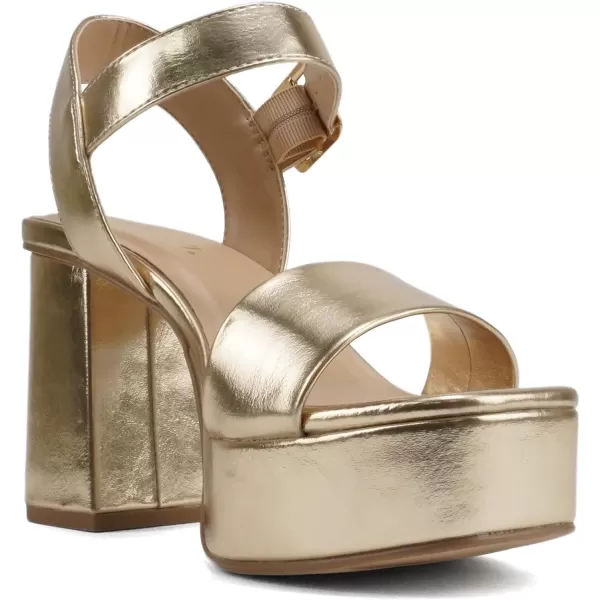 Soda MACEY  Women Open Square Toe Single Band High Heel Platform Dress Sandal with Adjustable Ankle StrapGold Metallic Pu