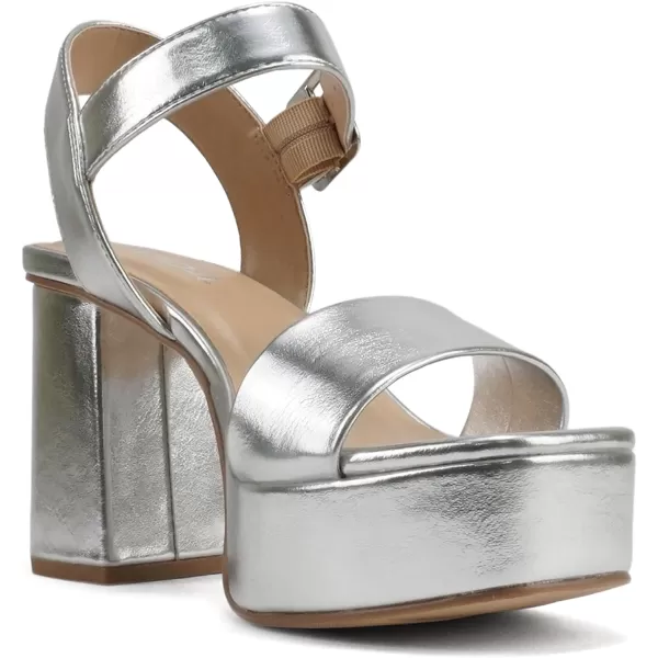 Soda MACEY  Women Open Square Toe Single Band High Heel Platform Dress Sandal with Adjustable Ankle StrapSilver Metallic Pu