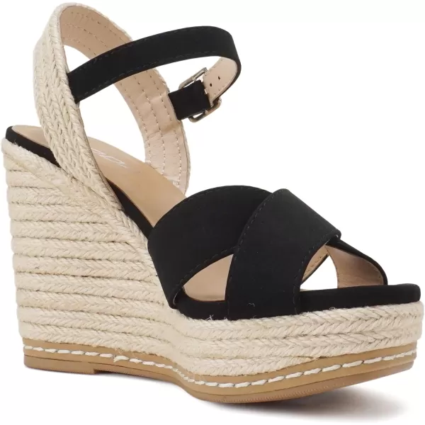 Soda MELANY  Women Open Toe Crisscross Two Bands Upper Ankle Strap High Heel Espadrille Wedge SandalBlack Nubuck