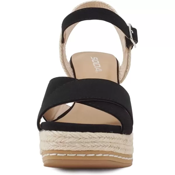 Soda MELANY  Women Open Toe Crisscross Two Bands Upper Ankle Strap High Heel Espadrille Wedge SandalBlack Nubuck