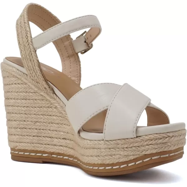 Soda MELANY  Women Open Toe Crisscross Two Bands Upper Ankle Strap High Heel Espadrille Wedge SandalBone Pu