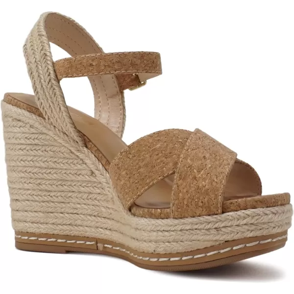 Soda MELANY  Women Open Toe Crisscross Two Bands Upper Ankle Strap High Heel Espadrille Wedge SandalNatural Cork