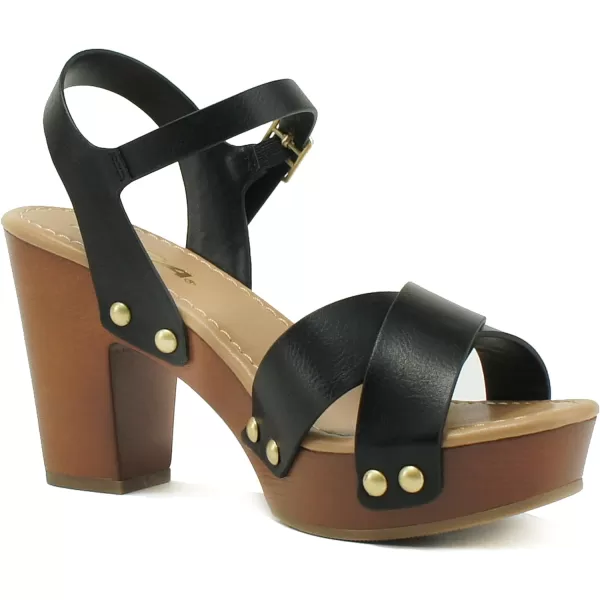 Soda MIGUEL  Women Crisscross Band Fashion Chunky Platform Block Mid Heel Sandal with Ankle Strap and StudBlack Pu