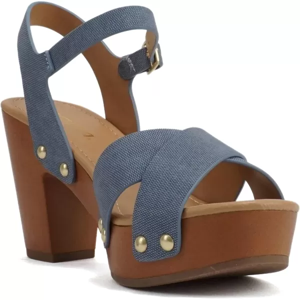 Soda MIGUEL  Women Crisscross Band Fashion Chunky Platform Block Mid Heel Sandal with Ankle Strap and StudDenim Blue Nubuck