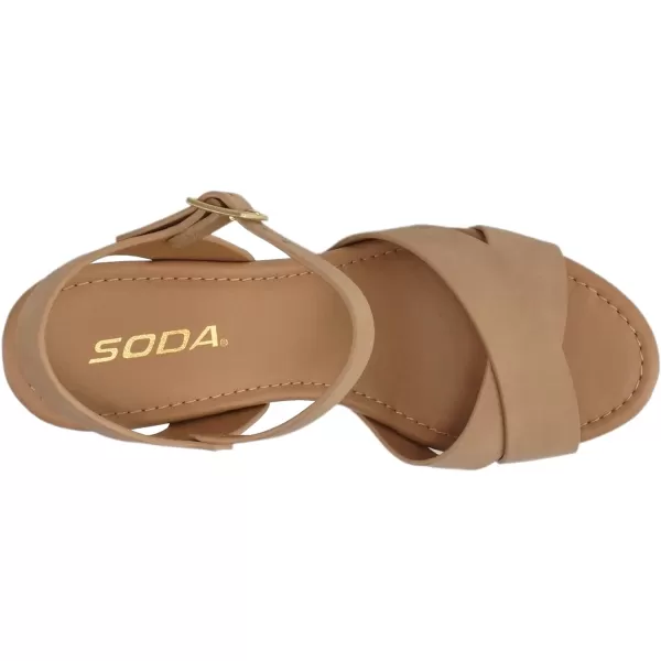 Soda MIGUEL  Women Crisscross Band Fashion Chunky Platform Block Mid Heel Sandal with Ankle Strap and StudNatural Nubuck