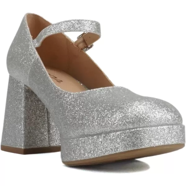 Soda NOSTA  Women Square Toe Mary Jane Platform High Chunky Flare Heel Pump Shoe with Adjustable Ankle StrapSilver Glitter