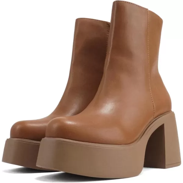 Soda OARSMAN  Women Square Toe Platform Medium Chunky Heel Ankle Boot with Side ZipperLight Tan Pu