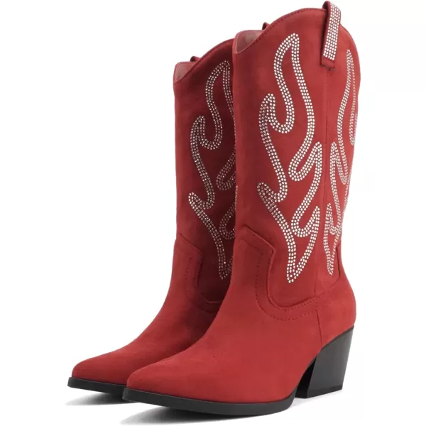 Soda OZIE  Women Pointed Toe Low Heel Rhinestone MidCalf Western BootBright Red Suede