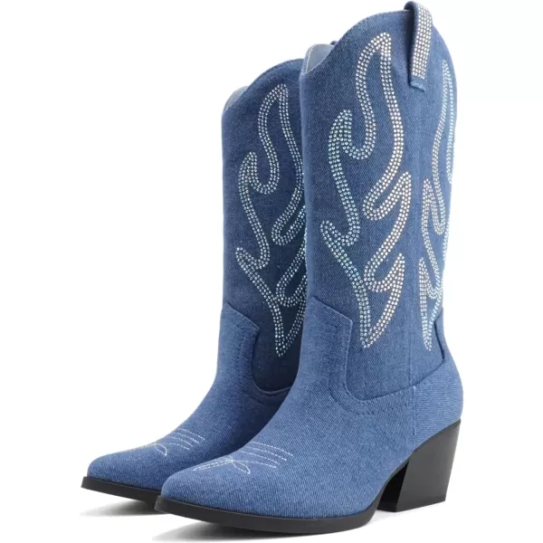 Soda OZIE  Women Pointed Toe Low Heel Rhinestone MidCalf Western BootDenim Blue