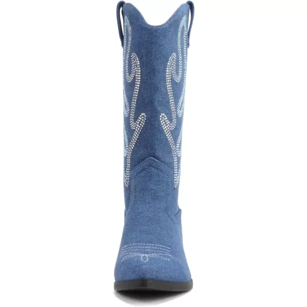 Soda OZIE  Women Pointed Toe Low Heel Rhinestone MidCalf Western BootDenim Blue