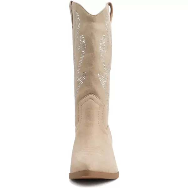 Soda OZIE  Women Pointed Toe Low Heel Rhinestone MidCalf Western BootPale Camel Suede