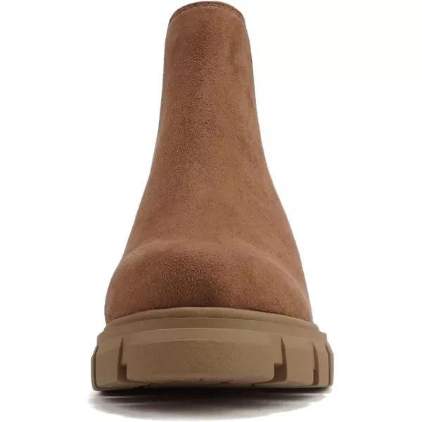 Soda PIONEER  Women Lug Sole Mid Heel Chelsea Fashion Ankle Bootie wDouble Elastic GoreDeep Camel