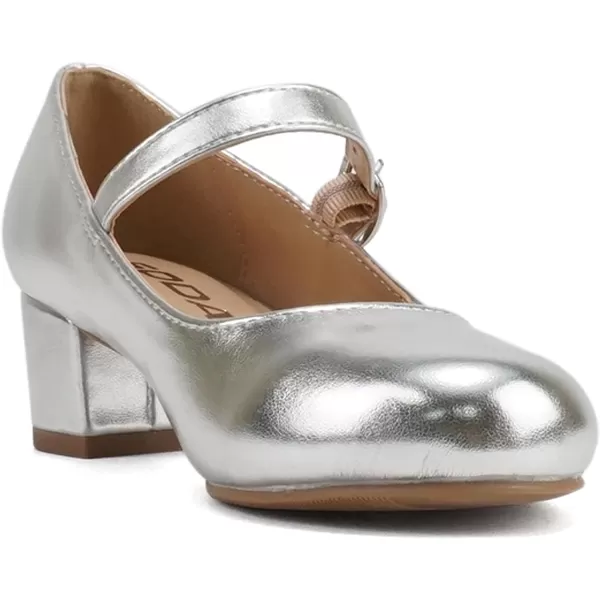 Soda Pela2  Little KidsChildrenGirls Closed Round Toe Mary Jane Ankle Strap Low Block Heel Pump ShoeSilver Metallic Pu