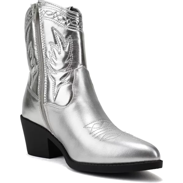 Soda Picotee Women Western Cowboy Cowgirl Stitched Ankle BootsSilver Metallic Pu