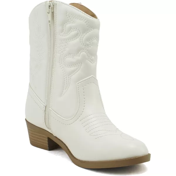 Soda RENO2 KidsGirlsChildren Western Cowboy Stitched Pointe Toe Low Heel Ankle Mid Shaft Fashion BootsWhite Pu