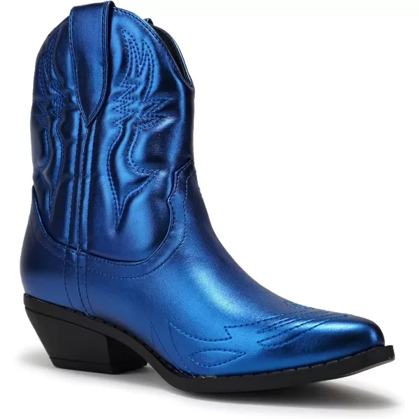 Soda RIGGING  Women Western Stitched Pointe Toe Low Heel Ankle Mid Shaft BootsBlue Metallic