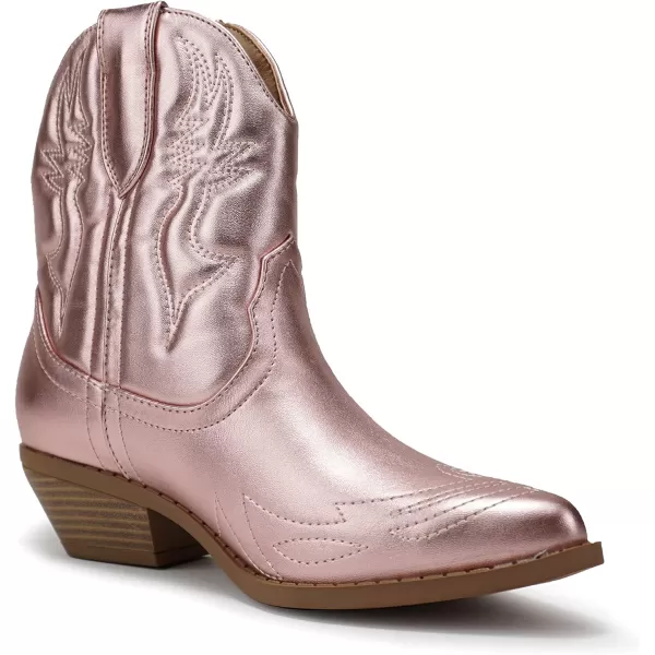 Soda RIGGING  Women Western Stitched Pointe Toe Low Heel Ankle Mid Shaft BootsLtpink Metallic