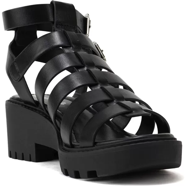 Soda Rebirth  Women Open Toe Fisherman Multi Strap Velcro Buckle Lug Sole Low Block Heeled SandalsBlack Pu