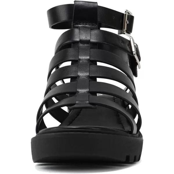 Soda Rebirth  Women Open Toe Fisherman Multi Strap Velcro Buckle Lug Sole Low Block Heeled SandalsBlack Pu