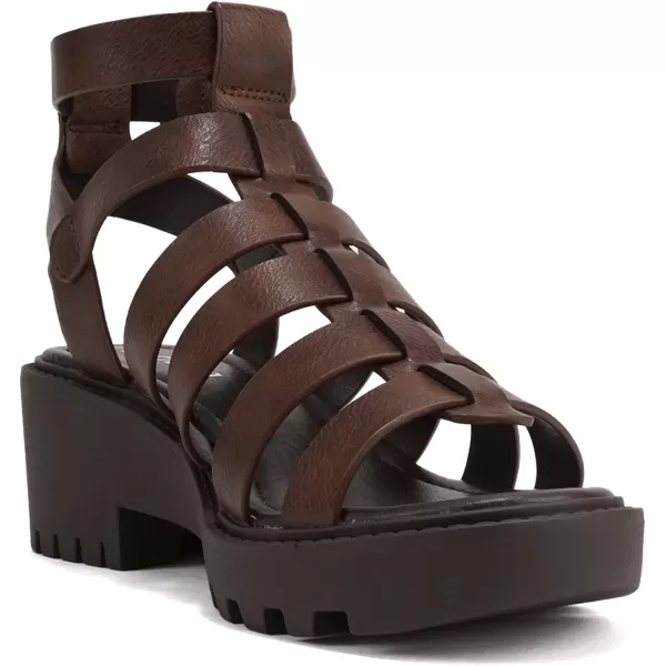 Soda Rebirth  Women Open Toe Fisherman Multi Strap Velcro Buckle Lug Sole Low Block Heeled SandalsBrown Pu