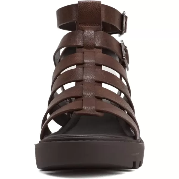 Soda Rebirth  Women Open Toe Fisherman Multi Strap Velcro Buckle Lug Sole Low Block Heeled SandalsBrown Pu