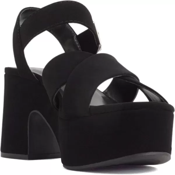 Soda SYREN  Women Open Round Toe Crisscross Band Ankle Strap Buckle High Heel Notch Wedge SandalBlack Nubuck